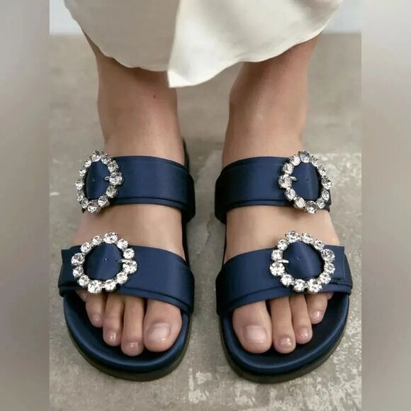 ZARA FLAT SLIDER SANDALS WITH RHINESTONE BUCKLES - Picture 1 of 8